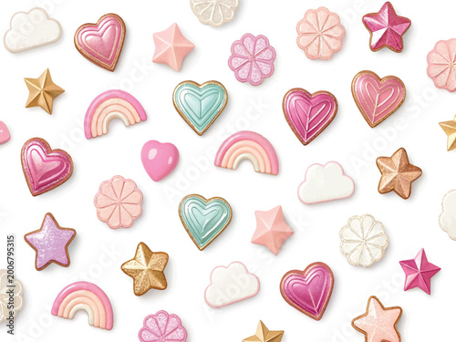 Colorful cookies in the shapes of hearts stars clouds rainbows and flowers on white background
