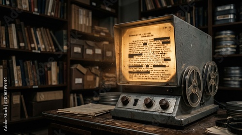 Принти на полотні Old Microfilm Reader Displaying Redacted Document In Dark Library