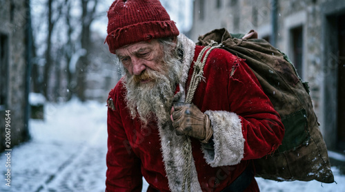 A haggard Santa trudges through snow hauling a heavy sack, a metaphor for the crushing weight of modern expectations and the slow erosion of wonder under the burden of tireless labor.