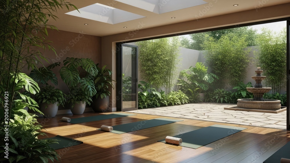 Fototapeta premium Yoga studio with outdoor view interior scene for health and wellness