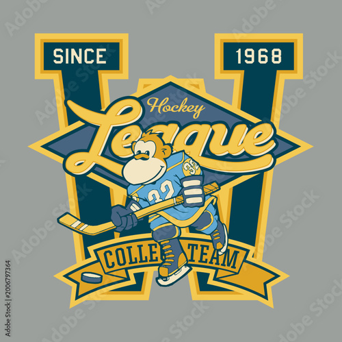 Hockey League Vintage Esport T-Shirt Design with Player Mascot, College Team Badge Style, Retro Sports Graphic