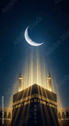 Kaaba in Mecca with crescent moon and divine light beams Islamic holy site Ramadan Eid background.