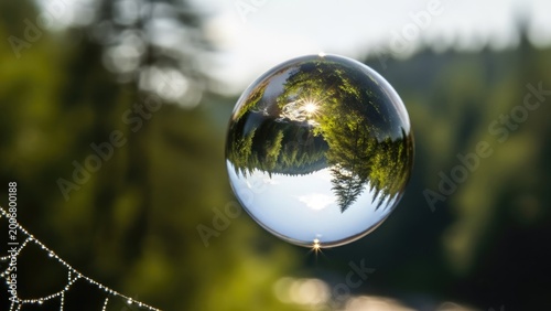 Transparent sphere reflecting forest landscape and sunlight in natural setting