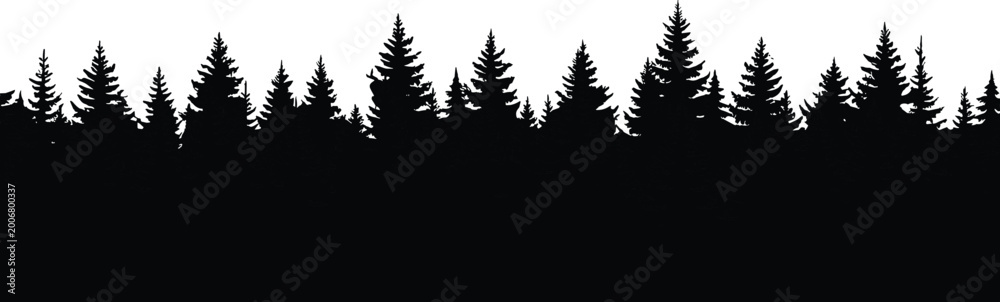 Fototapeta premium Forest silhouette with dense pine trees horizon, evergreen woodland landscape isolated on white background for nature and outdoor design