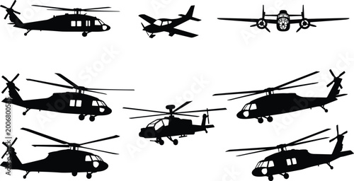 Fotografia Modern helicopter and aircraft silhouette set featuring military aviation collec