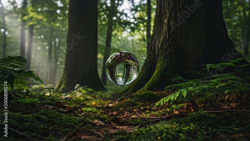 Transparent sphere floating in forest with natural sunlight and greenery