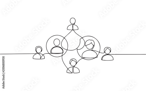 Obraz na płótnie Continuous Line Drawing of Social Network Connections with People Avatars