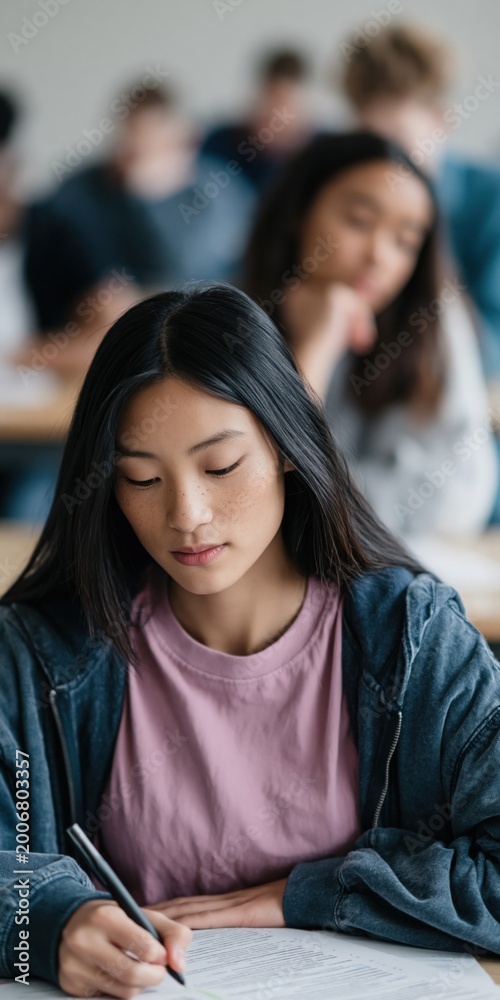 Fototapeta premium Female student writing exam in classroom with seated peers