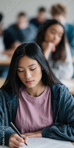 Female student writing exam in classroom with seated peers