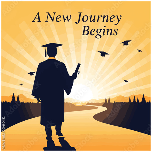 Graduate walking on road towards sunrise, symbolizing new journey begins and bright future.