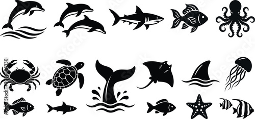 Collection of black sea animal silhouette icons including dolphin shark whale turtle and octopus isolated on white background for marine design