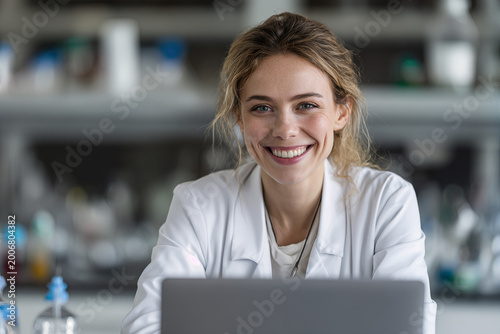 Confident Woman Medical Researcher Smiling in Laboratory with