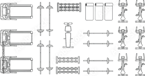 Canvastavla Top view gym equipment CAD vector set, fitness floor plan symbols with treadmill