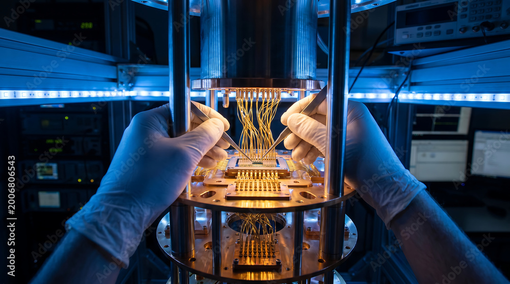 Naklejka premium Scientist assembling advanced quantum computer processor in laboratory