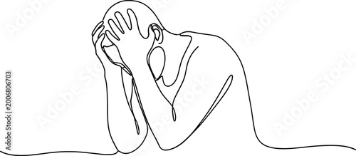 Obraz na plátně Distressed man in single line art, head in hands, conveying anxiety and despair