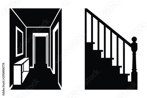 Hallway interior and staircase silhouette vector illustration with interior