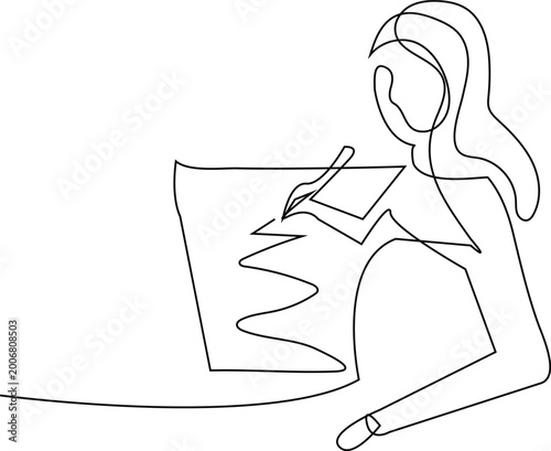 Person writing on paper with a pen in continuous line art