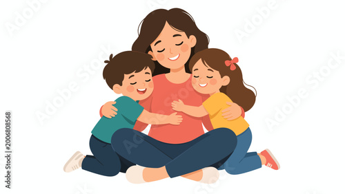 A mother with two children are embracing each other, expressing feelings of tenderness and affection