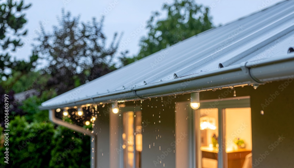 Fototapeta premium Raindrops fall from a house roof with string lights on a gloomy evening outside