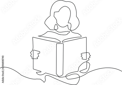 Woman reading a book in continuous line art style person