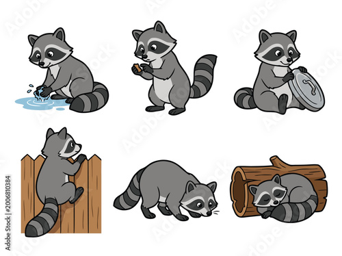 Cute Raccoon Illustrations Set.