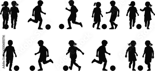 Foto Set of professional children playing soccer silhouettes black and white vector c