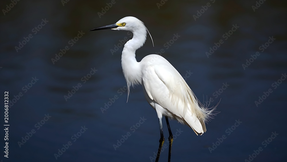Naklejka premium Graceful snowy egret with white feathers against dark water