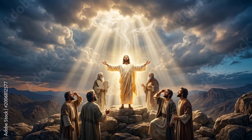 Jesus transfigured with Moses and Elijah on a mountain. Biblical event showing light shining from heaven. Spiritual scene with disciples witnessing divine glory. Religious art concept.