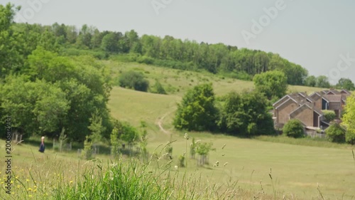 Wide angle landscape of a rolling valley featuring an urban rural interface. Grassland with wildflowers and a dirt path leads to brick houses and a forest treeline under bright afternoon sun.