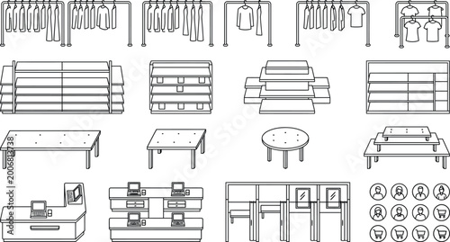 Foto Retail store CAD vector fixture set, clothing racks, shelves, checkout counter,