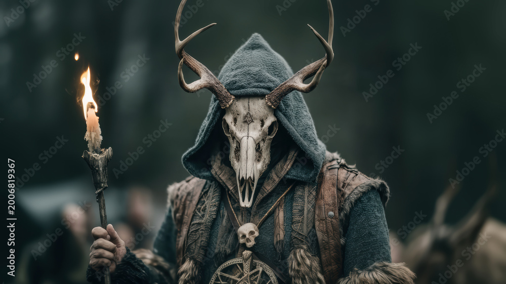 Fototapeta premium Evil king of the enchanted forest, creature with deer's antlers