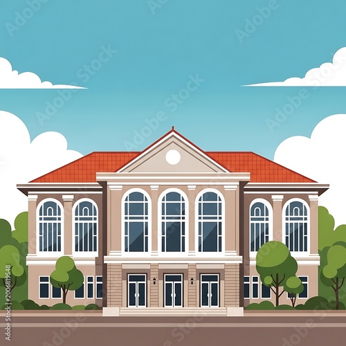 Grand classical building with arched windows and red roof, surrounded by trees