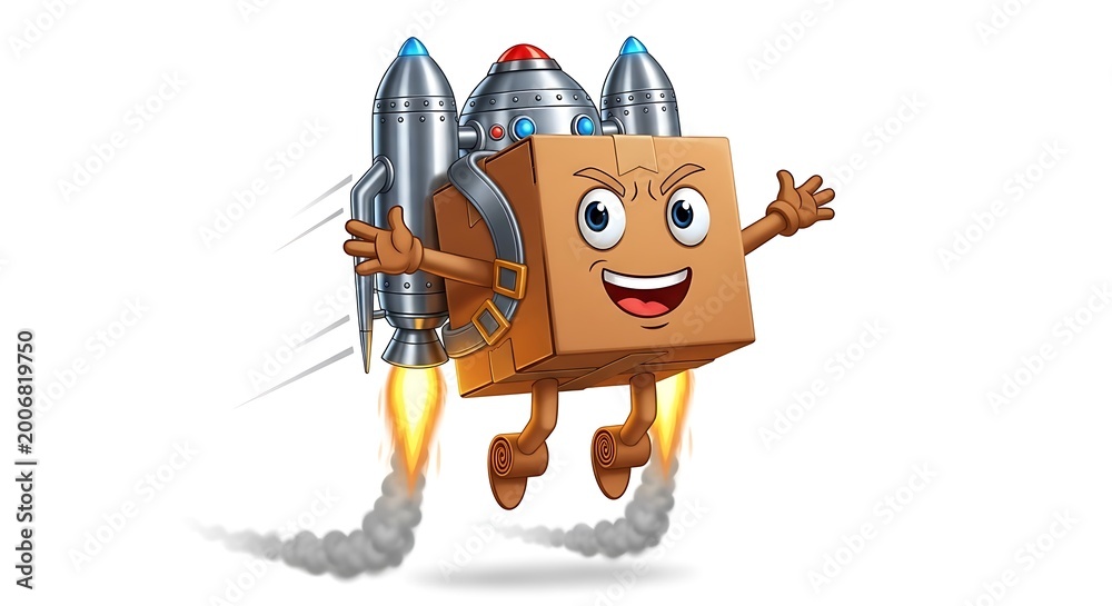 Fototapeta premium Cartoon delivery box character with a jetpack flying isolated on white