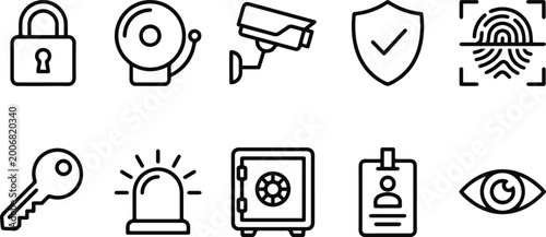 Security icons set with lock, camera, shield and safe