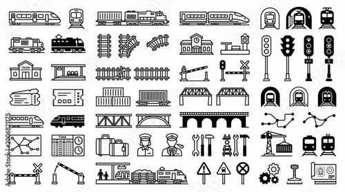 Train Travel and Railroad Infrastructure Black White Vector Icons Set