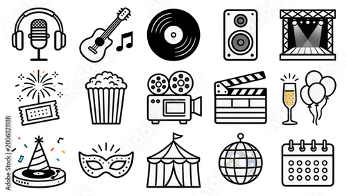 Entertainment and Events Outline Icon Set Thin Line Editable Stroke Vector