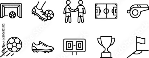 Fotografie Black line icons of soccer symbols and equipment