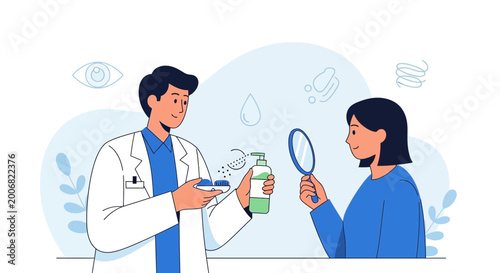 Ophthalmologist showing contact lens solution to patient with magnifier