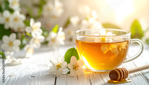 Aromatic Jasmine Tea with Honey and Blossoms on a Wooden Table.