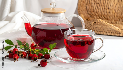 Refreshing Rosehip Tea in Glass Teapot and Cup with Fresh Berries.