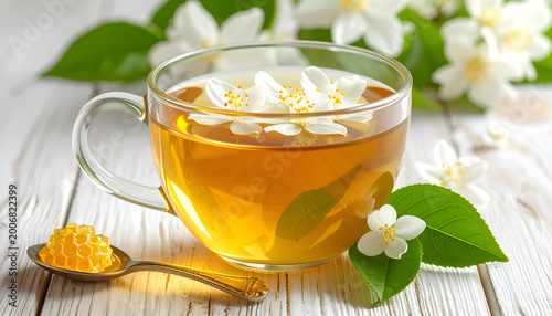 Refreshing Jasmine Tea with Honey and Fresh Flowers on Wooden Table.