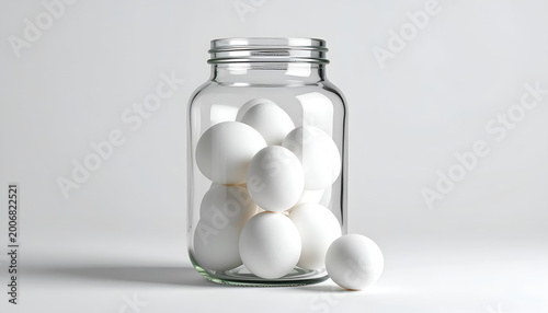 Glass Jar Filled with White Eggs on a White Background.