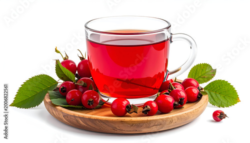 A clear glass mug filled with vibrant red rosehip tea, surrounded by fresh rosehips and green leaves on a wooden saucer.