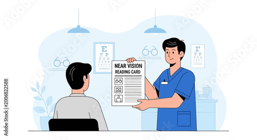 Optometrist shows near vision reading card to patient during eye exam in clinic
