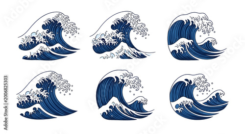 Six variations of hokusai's 'the great wave off kanagawa' artwork