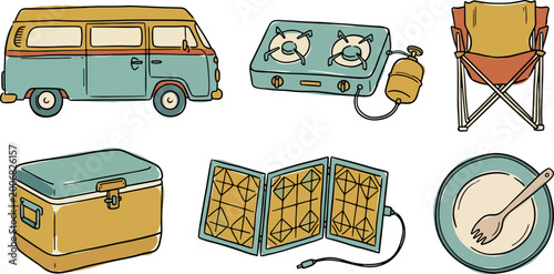 Camper van, camping stove, folding chair, cooler, solar panel, and plate vector.