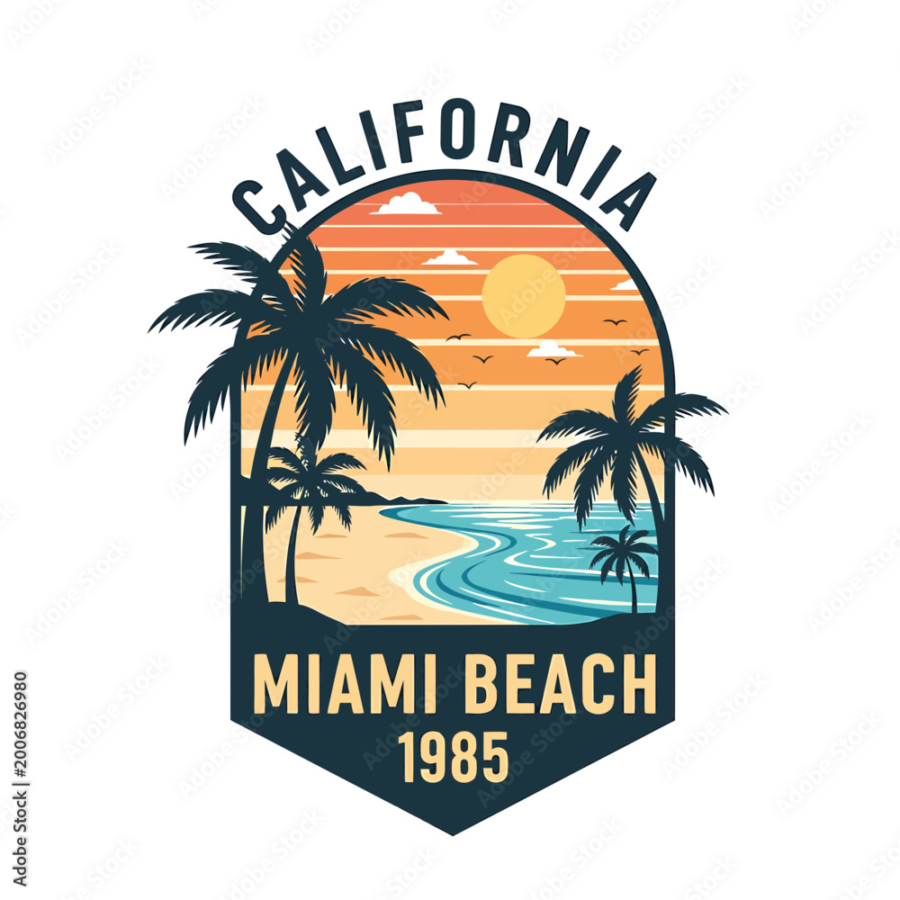Obraz premium Vintage Retro Tropical Beach Sunset Illustration with Palm Trees