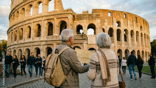 Senior couple traveling in Rome, looking at map in front of Colosseum.  Concepts of active retirement, senior travel, and European vacations.