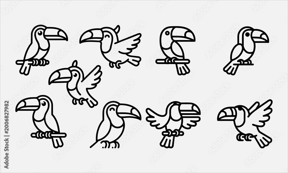 Fototapeta premium Toucans bird cartoon line art vector icon set Vector illustration
