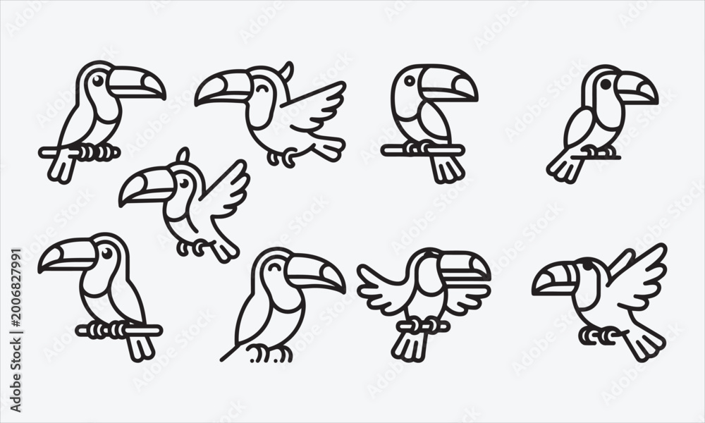 Fototapeta premium Toucans bird cartoon line art vector icon set Vector illustration